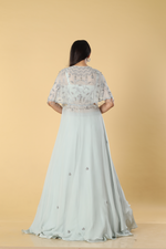 Load image into Gallery viewer, Grey georgette pearl embroidered cape paired with satin organza and corset blouse
