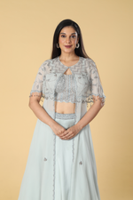 Load image into Gallery viewer, Grey georgette pearl embroidered cape paired with satin organza and corset blouse
