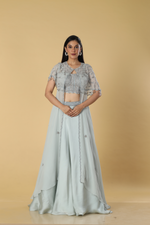 Load image into Gallery viewer, Grey georgette pearl embroidered cape paired with satin organza and corset blouse
