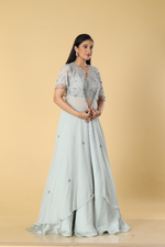 Load image into Gallery viewer, Grey georgette pearl embroidered cape paired with satin organza and corset blouse
