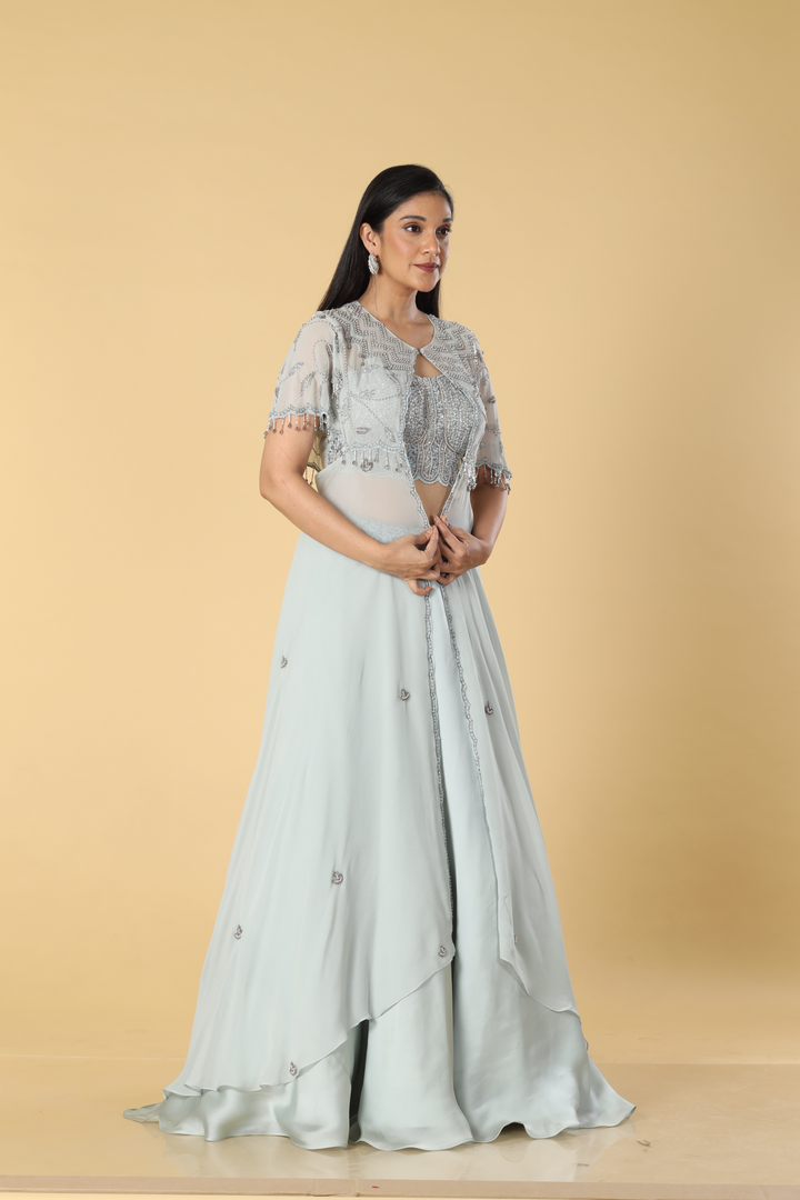 Grey georgette pearl embroidered cape paired with satin organza and corset blouse