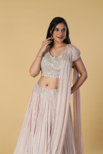 Load image into Gallery viewer, Dusting Pink chinnon skirt paired with embroidered drape and blouse
