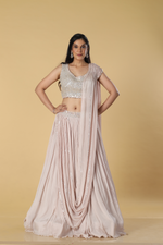 Load image into Gallery viewer, Dusting Pink chinnon skirt paired with embroidered drape and blouse
