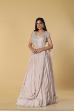 Load image into Gallery viewer, Dusting Pink chinnon skirt paired with embroidered drape and blouse
