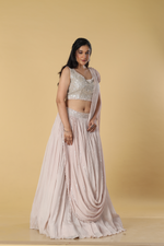 Load image into Gallery viewer, Dusting Pink chinnon skirt paired with embroidered drape and blouse

