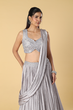 Load image into Gallery viewer, Dusty grey pleated embroidered skirt paired with drape and blouse
