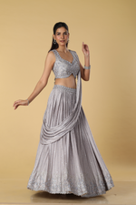 Load image into Gallery viewer, Dusty grey pleated embroidered skirt paired with drape and blouse
