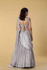 Load image into Gallery viewer, Dusty grey pleated embroidered skirt paired with drape and blouse
