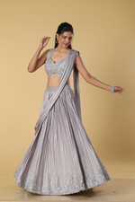Load image into Gallery viewer, Dusty grey pleated embroidered skirt paired with drape and blouse
