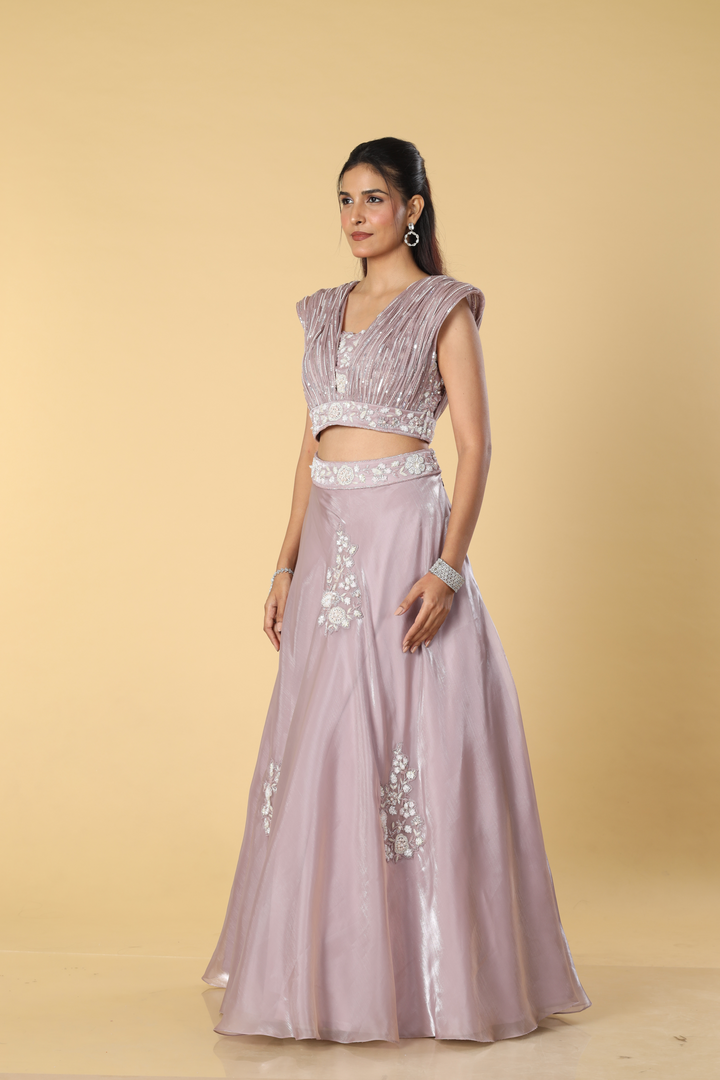 Lilac Jimmy Choo embroidered skirt paired with wired blouse