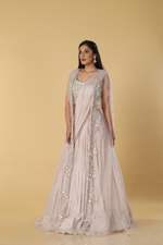Load image into Gallery viewer, Dusty Pink Chinnon skirt paired with drape , blouse and net long jacket
