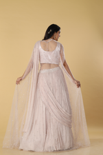Load image into Gallery viewer, Dusty Pink Chinnon skirt paired with drape , blouse and net long jacket

