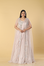 Load image into Gallery viewer, Dusty Pink Chinnon skirt paired with drape , blouse and net long jacket
