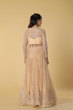 Load image into Gallery viewer, Beige net heavily embroidered indowestern paired with pleated satin organza skirt
