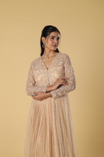 Load image into Gallery viewer, Beige net heavily embroidered indowestern paired with pleated satin organza skirt
