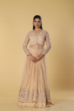 Load image into Gallery viewer, Beige net heavily embroidered indowestern paired with pleated satin organza skirt
