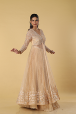Load image into Gallery viewer, Beige net heavily embroidered indowestern paired with pleated satin organza skirt

