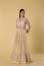 Load image into Gallery viewer, Beige net heavily embroidered indowestern paired with pleated satin organza skirt
