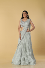 Load image into Gallery viewer, Dusty Grey satin organza sequence katdana embroidery paired with chinnon pleated embroidered skirt
