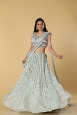 Load image into Gallery viewer, Dusty Grey satin organza sequence katdana embroidery paired with chinnon pleated embroidered skirt
