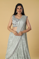 Load image into Gallery viewer, Dusty Grey satin organza sequence katdana embroidery paired with chinnon pleated embroidered skirt
