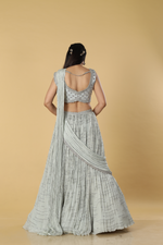 Load image into Gallery viewer, Dusty Grey satin organza sequence katdana embroidery paired with chinnon pleated embroidered skirt
