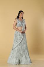 Load image into Gallery viewer, Dusty Grey satin organza sequence katdana embroidery paired with chinnon pleated embroidered skirt
