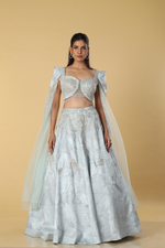 Load image into Gallery viewer, Powder blue textured fabric with patch work designer blouse &amp; skirt
