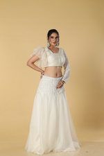 Load image into Gallery viewer, Off white organza skirt with sequence waist embroidered paired with wiring blouse ruffle sleeves
