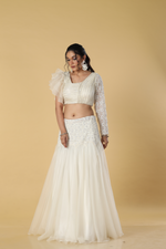 Load image into Gallery viewer, Off white organza skirt with sequence waist embroidered paired with wiring blouse ruffle sleeves
