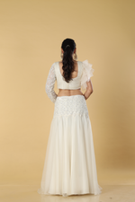 Load image into Gallery viewer, Off white organza skirt with sequence waist embroidered paired with wiring blouse ruffle sleeves
