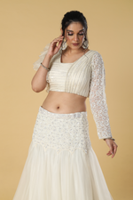Load image into Gallery viewer, Off white organza skirt with sequence waist embroidered paired with wiring blouse ruffle sleeves
