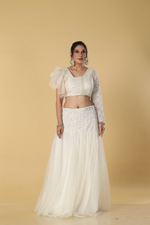 Load image into Gallery viewer, Off white organza skirt with sequence waist embroidered paired with wiring blouse ruffle sleeves
