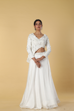 Load image into Gallery viewer, White indowestern 3d work blouse paired with skirt

