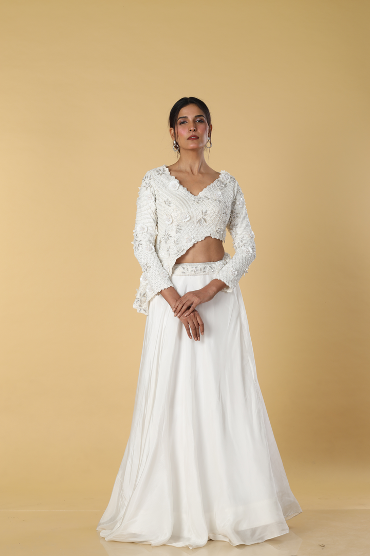 White indowestern 3d work blouse paired with skirt
