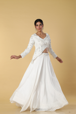 Load image into Gallery viewer, White indowestern 3d work blouse paired with skirt
