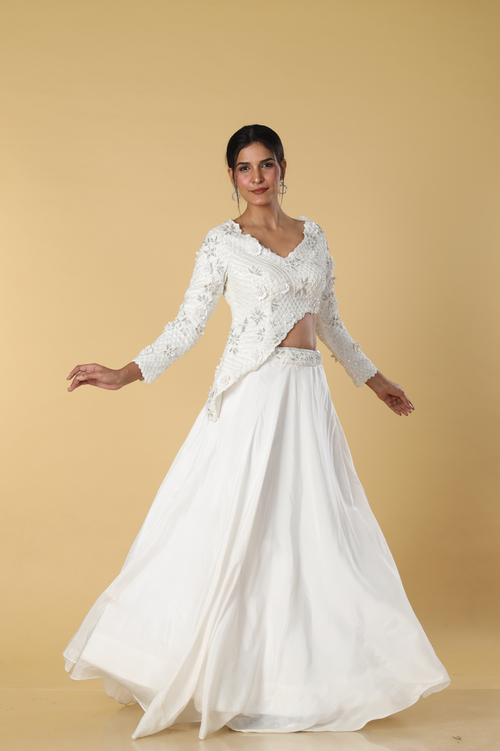 White indowestern 3d work blouse paired with skirt