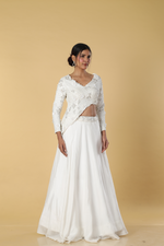 Load image into Gallery viewer, White indowestern 3d work blouse paired with skirt
