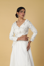 Load image into Gallery viewer, White indowestern 3d work blouse paired with skirt
