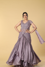 Load image into Gallery viewer, Purple organza cut work embroidered blouse &amp; drape paired with satin organza layered skirt
