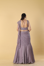 Load image into Gallery viewer, Purple organza cut work embroidered blouse &amp; drape paired with satin organza layered skirt
