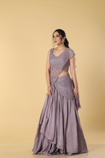 Load image into Gallery viewer, Purple organza cut work embroidered blouse &amp; drape paired with satin organza layered skirt
