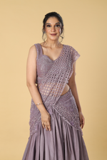 Load image into Gallery viewer, Purple organza cut work embroidered blouse &amp; drape paired with satin organza layered skirt
