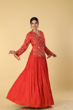 Load image into Gallery viewer, Burnt orange resham embroidered paired with upada rushing skirt
