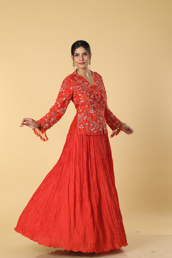 Burnt orange resham embroidered paired with upada rushing skirt