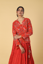 Load image into Gallery viewer, Burnt orange resham embroidered paired with upada rushing skirt
