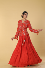 Load image into Gallery viewer, Burnt orange resham embroidered paired with upada rushing skirt
