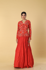 Load image into Gallery viewer, Burnt orange resham embroidered paired with upada rushing skirt
