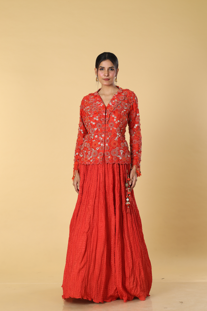Burnt orange resham embroidered paired with upada rushing skirt