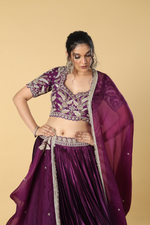 Load image into Gallery viewer, Purple gajji satin zardosi embroidered blouse paired with pleated skirt with border and organza dupatta
